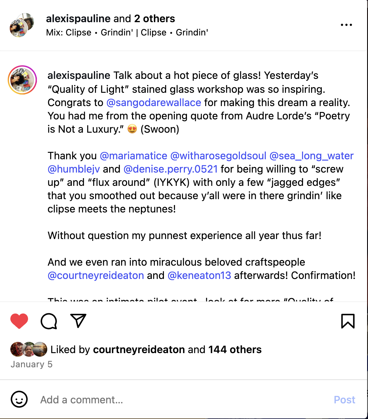 alexis raves about the stained glass workshop in an instagram post